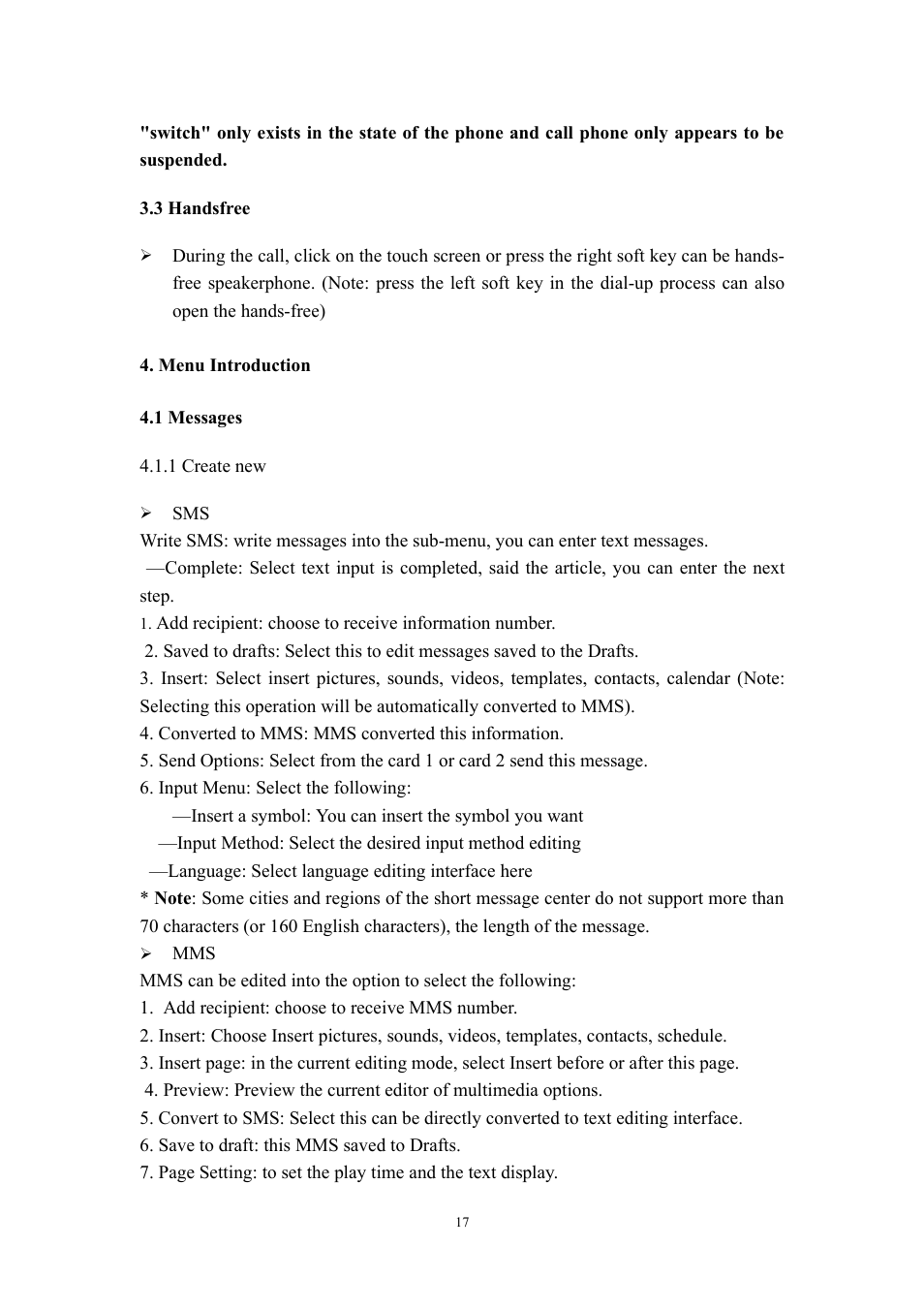 3 handsfree, Menu introduction, 1 messages | 1 create new, Basic instructions | Verykool i315N User Manual | Page 17 / 35