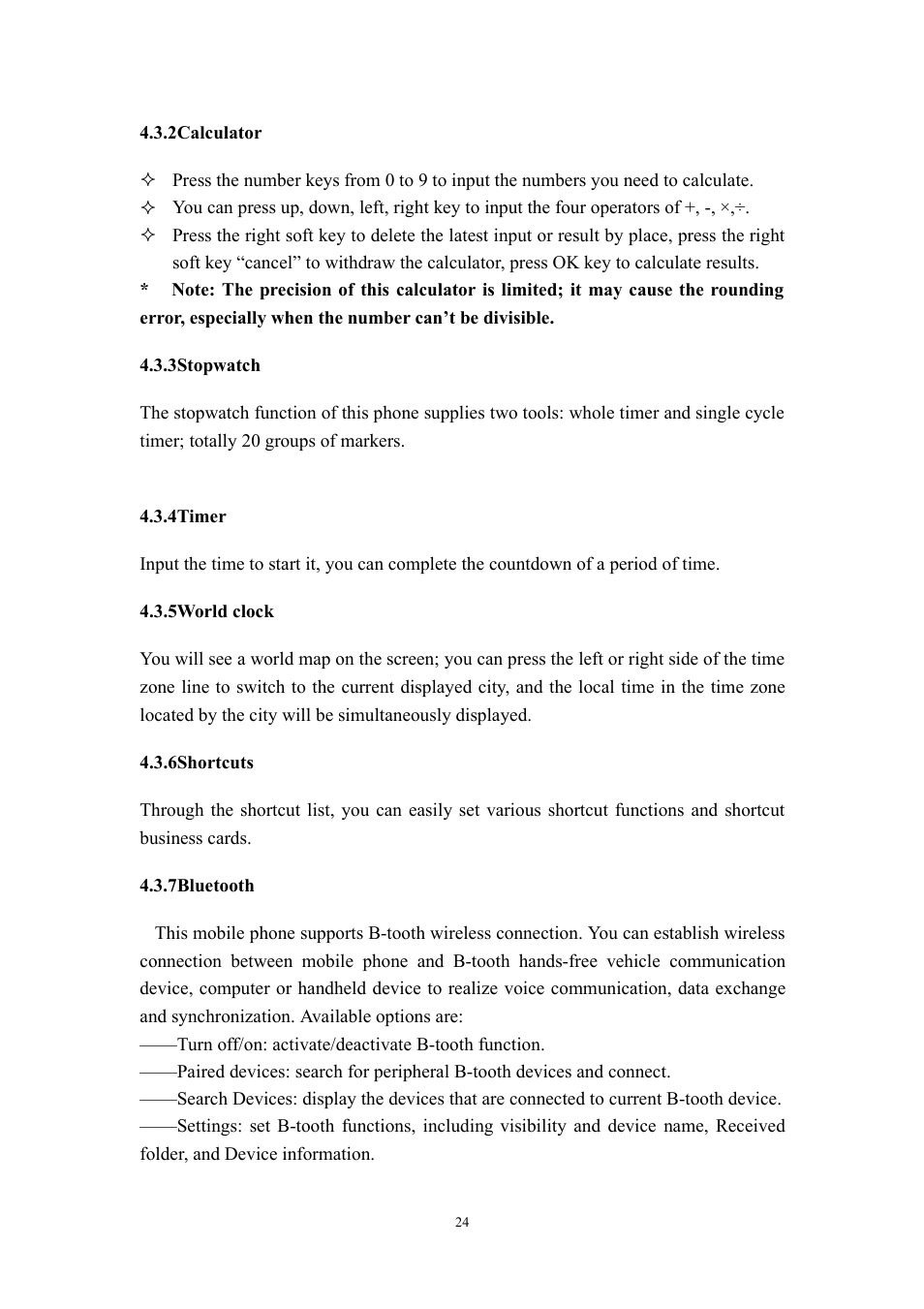 2calculator, 3stopwatch, 4timer | 5world clock, 6shortcuts, 7bluetooth | Verykool i315N User Manual | Page 24 / 35