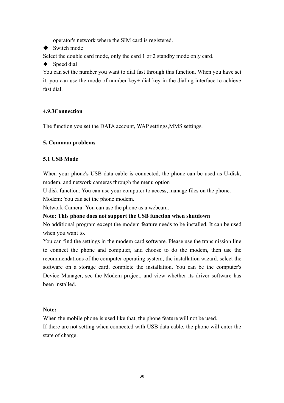 3connection, Comman problems, 1 usb mode | Verykool i315N User Manual | Page 30 / 35