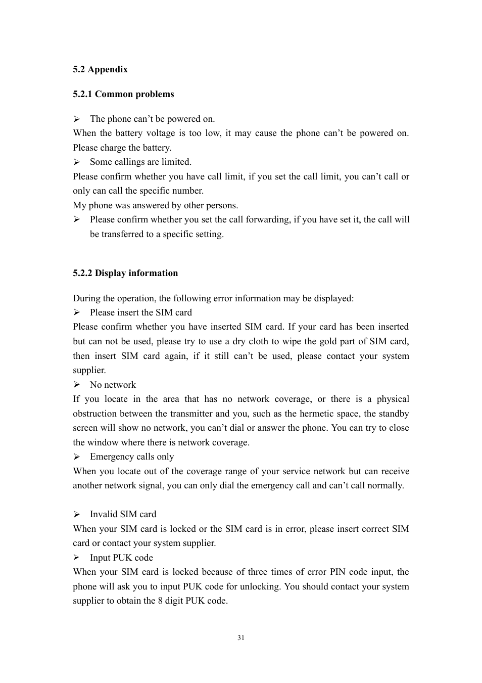 2 appendix, 1 common problems, 2 display information | Verykool i315N User Manual | Page 31 / 35