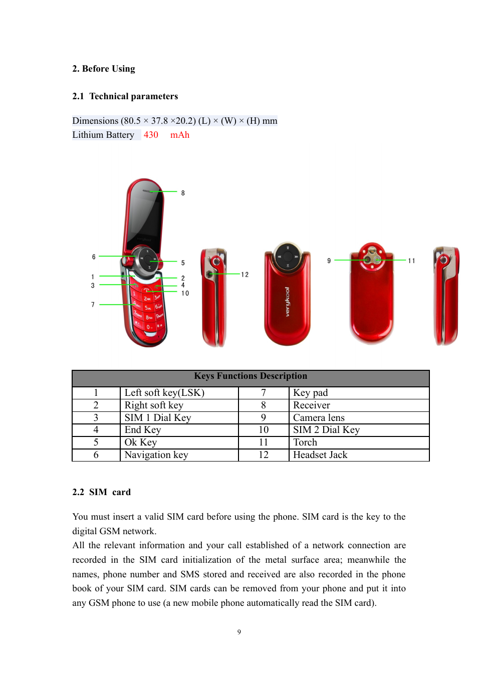Before using, 1 technical parameters, 2 sim card | Verykool i315N User Manual | Page 9 / 35