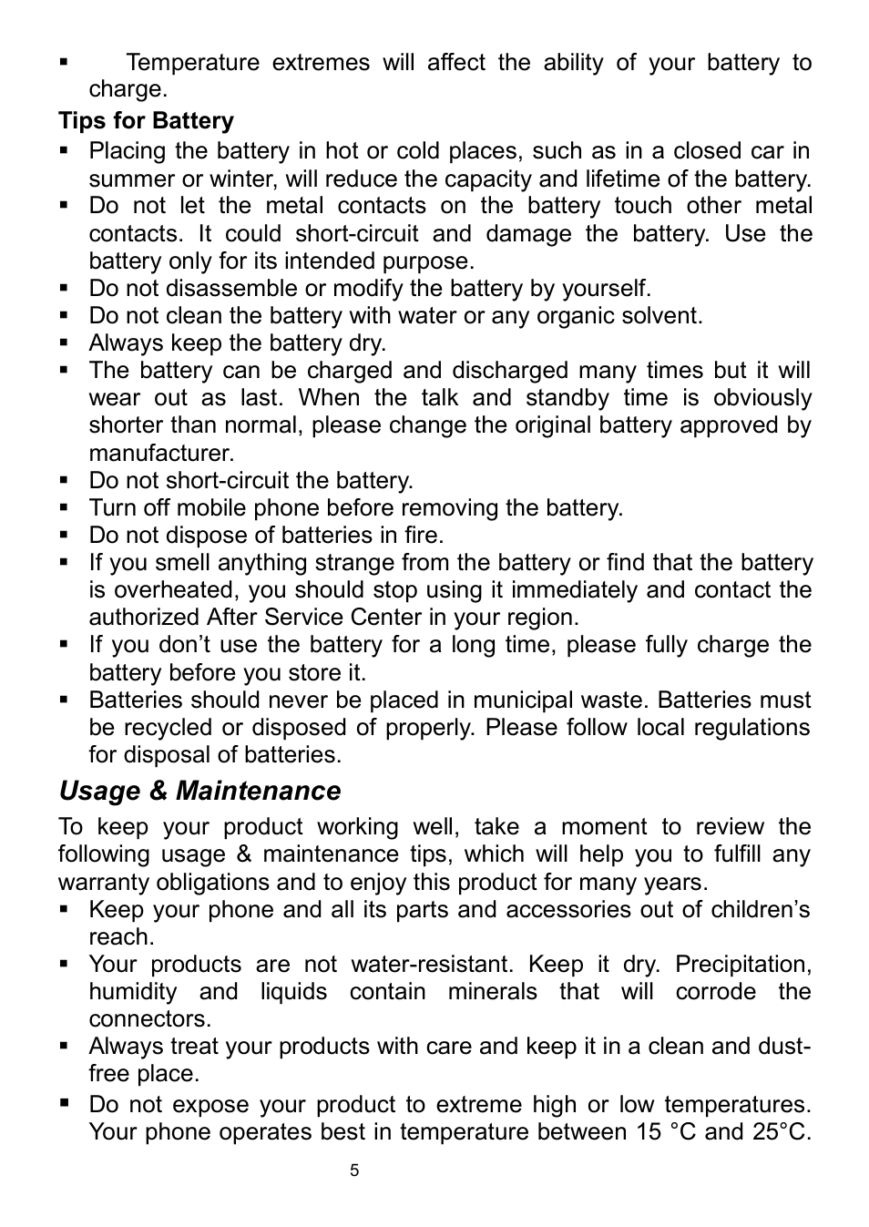 Tips for battery, Usage & maintenance | Verykool i320 User Manual | Page 10 / 28