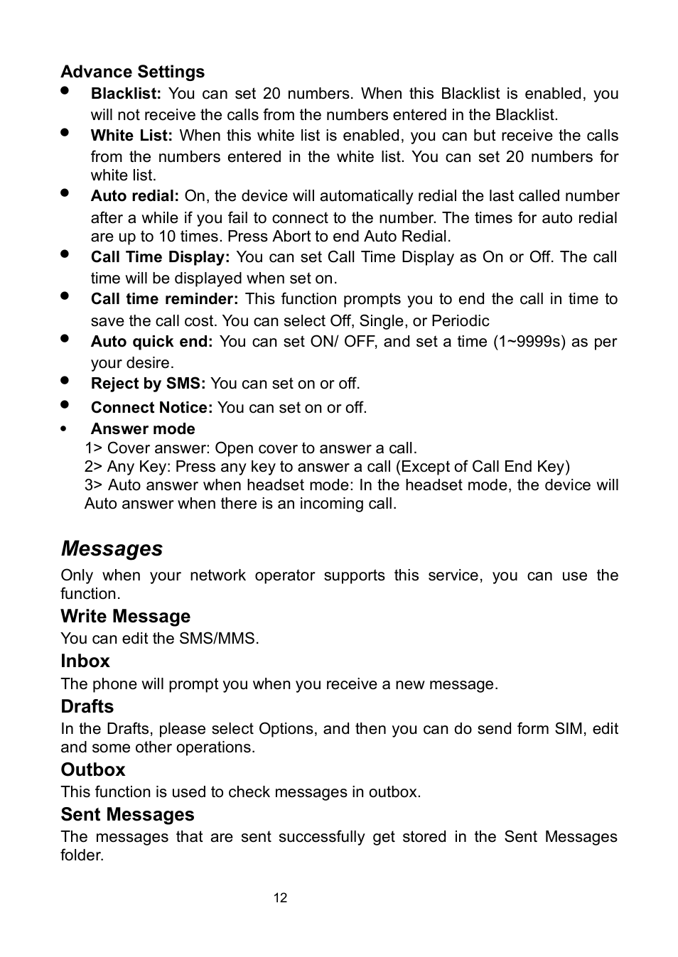 Advance settings, Messages, Write message | Inbox, Drafts, Outbox, Sent messages | Verykool i320 User Manual | Page 17 / 28