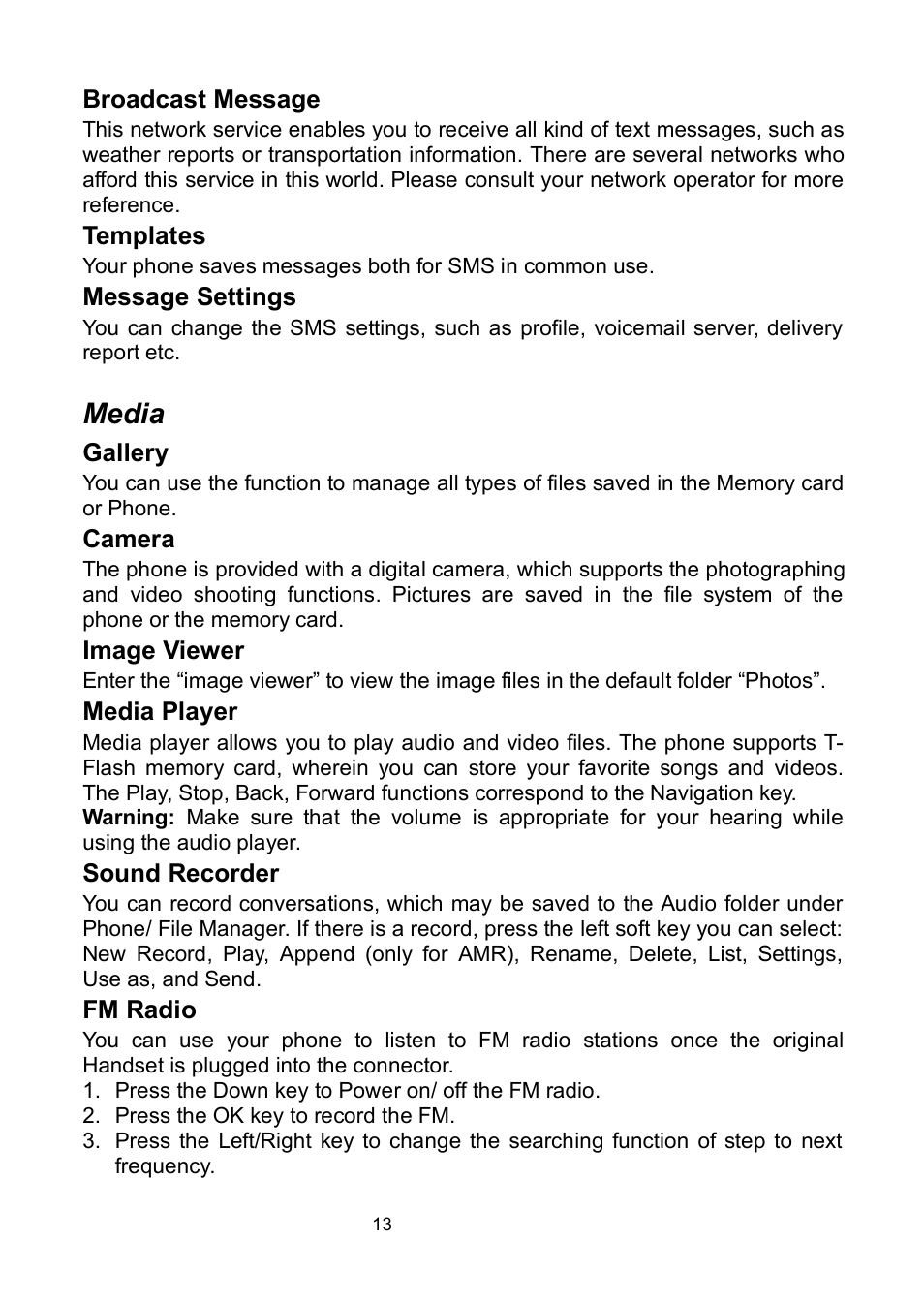 Broadcast message, Templates, Message settings | Media, Gallery, Camera, Image viewer, Media player, Sound recorder, Fm radio | Verykool i320 User Manual | Page 18 / 28