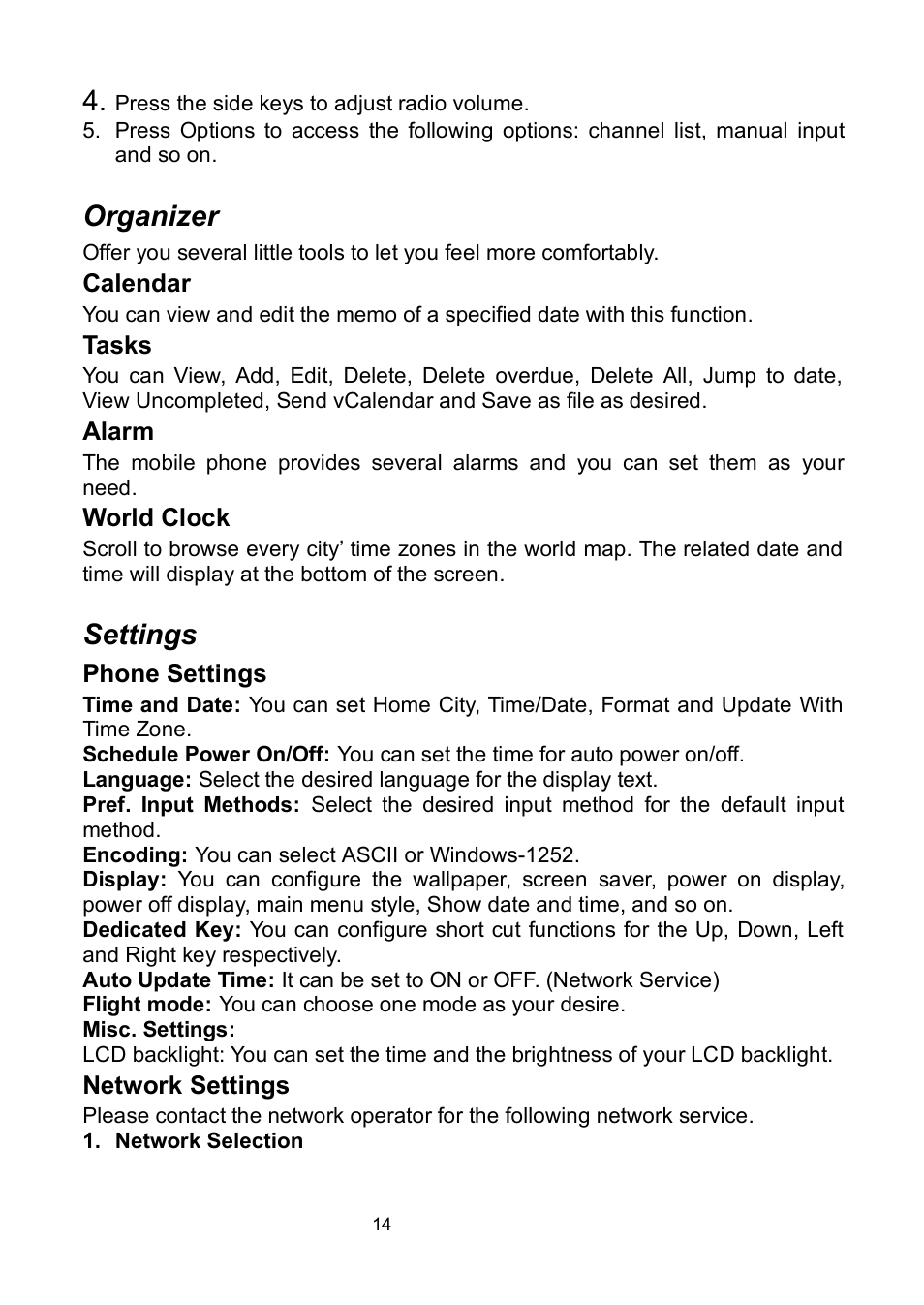 Organizer, Calendar, Tasks | Alarm, World clock, Settings, Phone settings, Network settings | Verykool i320 User Manual | Page 19 / 28