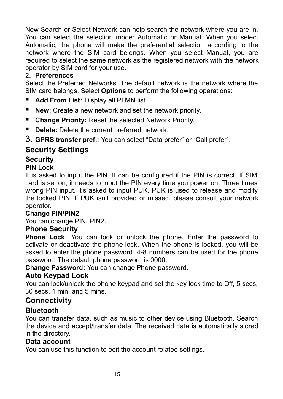 Security settings, Security, Phone security | Auto keypad lock, Connectivity, Bluetooth, Data account | Verykool i320 User Manual | Page 20 / 28