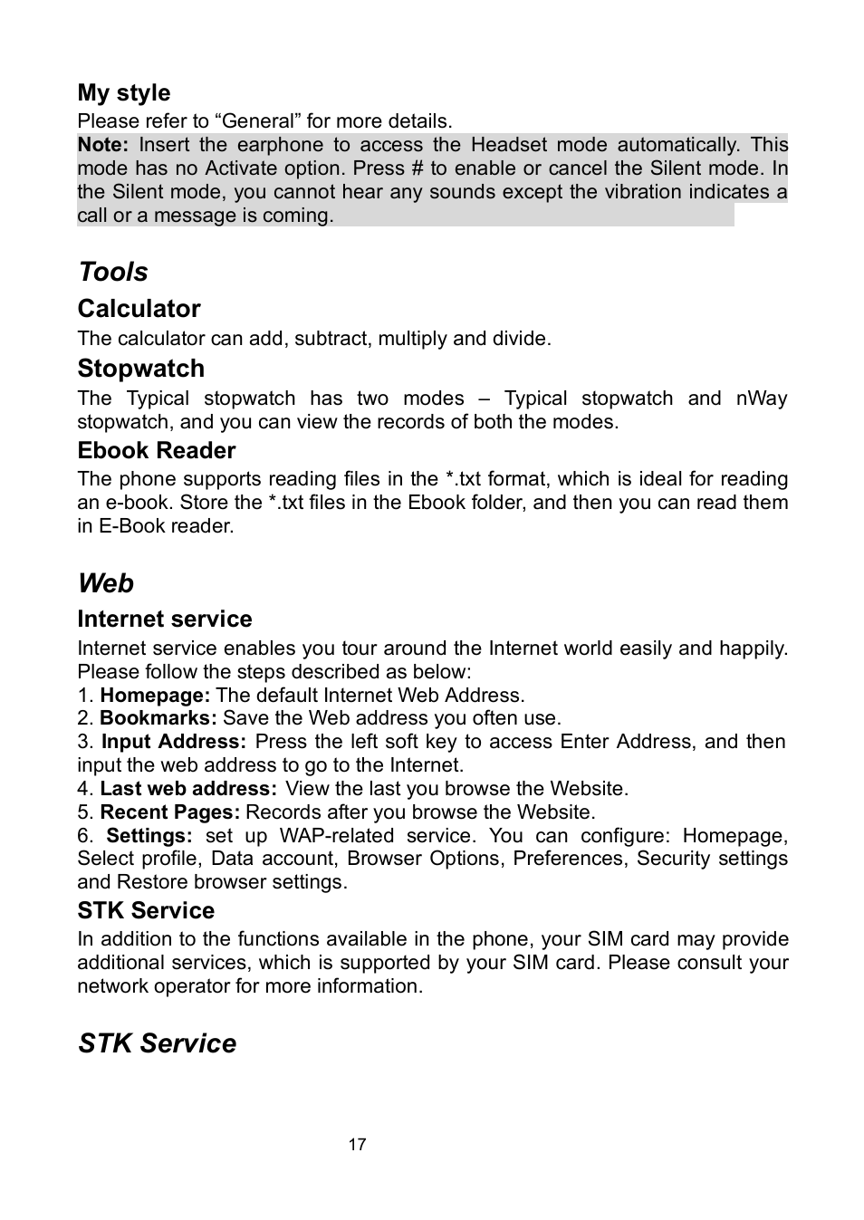My style, Tools, Calculator | Stopwatch, Ebook reader, Internet service, Stk service | Verykool i320 User Manual | Page 22 / 28