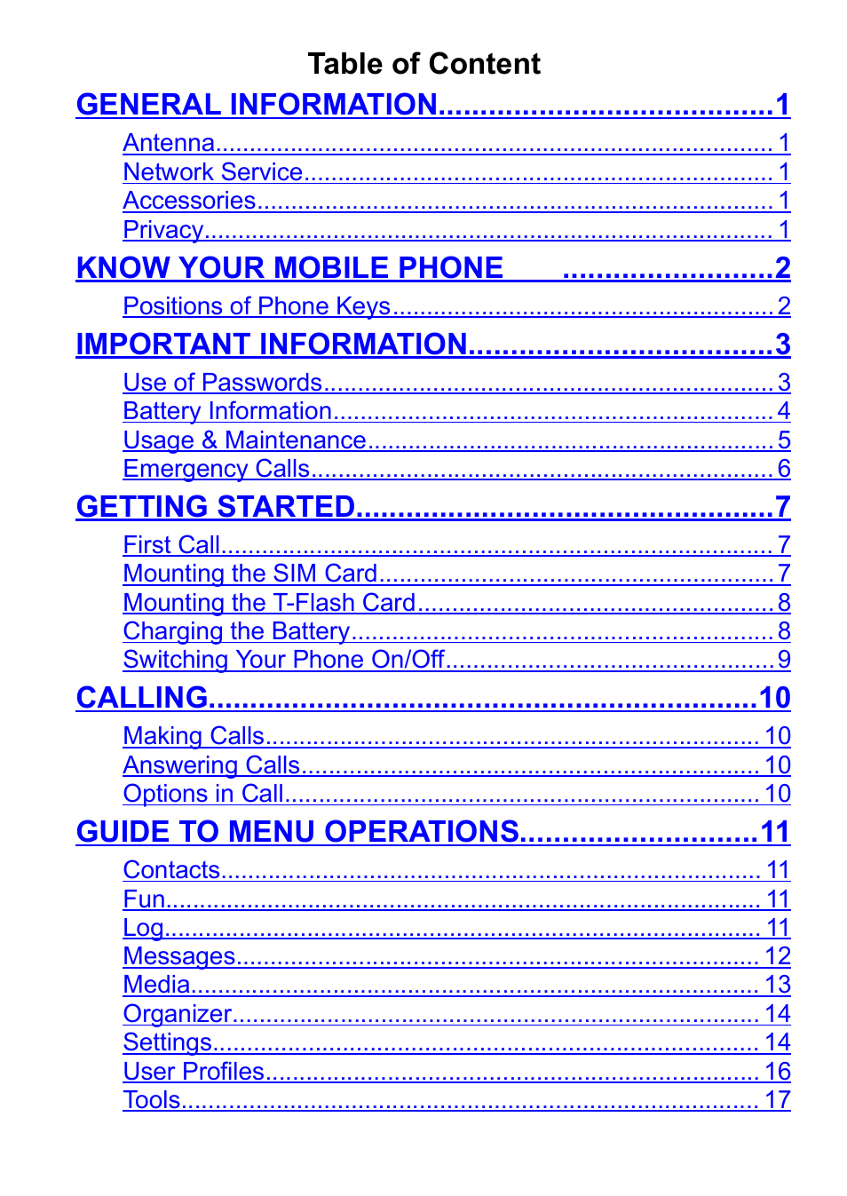Table of content general information, Know your mobile phone, Important information | Getting started, Calling, Guide to menu operations | Verykool i320 User Manual | Page 4 / 28