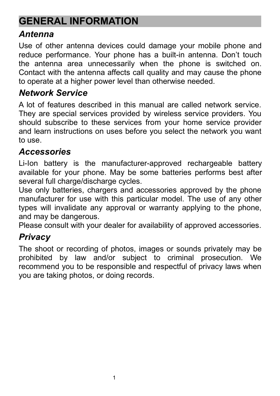 General information, Antenna, Network service | Accessories, Privacy | Verykool i320 User Manual | Page 6 / 28