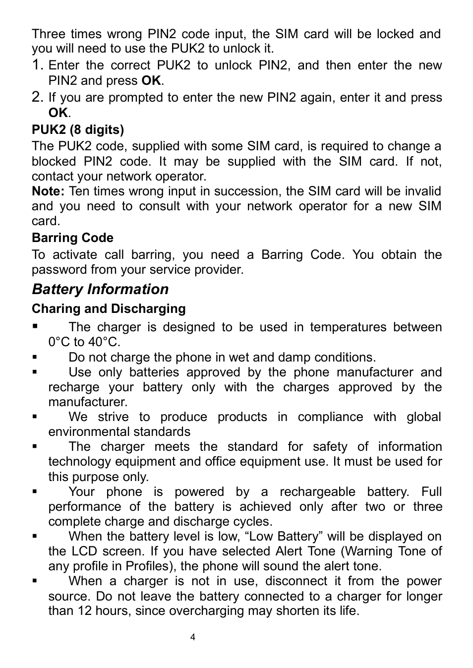 Puk2 (8 digits), Barring code, Battery information | Charing and discharging | Verykool i320 User Manual | Page 9 / 28