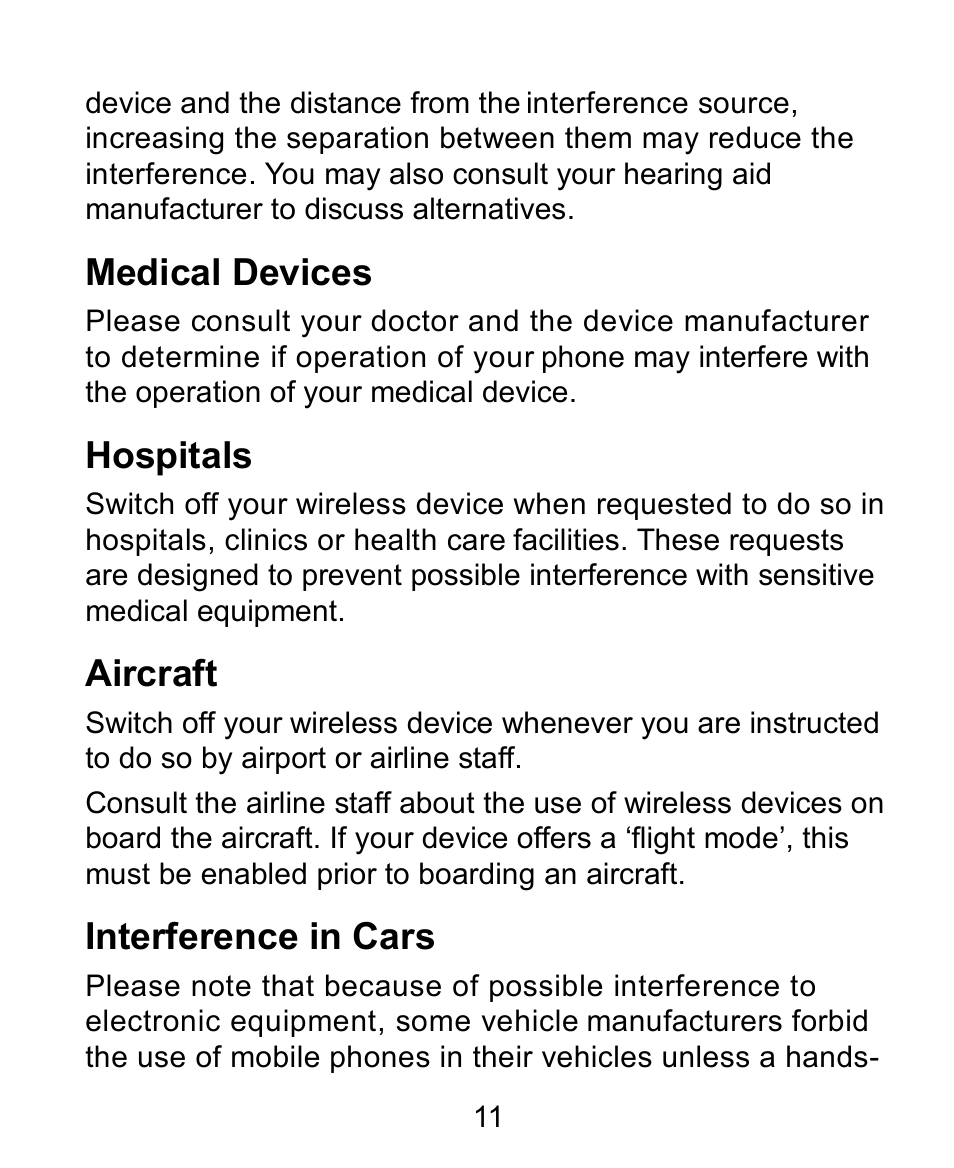 Medical devices, Hospitals, Aircraft | Interference in cars | Verykool s758 User Manual | Page 11 / 57