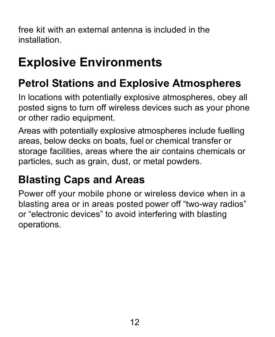 Explosive environments, Petrol stations and explosive atmospheres, Blasting caps and areas | Verykool s758 User Manual | Page 12 / 57