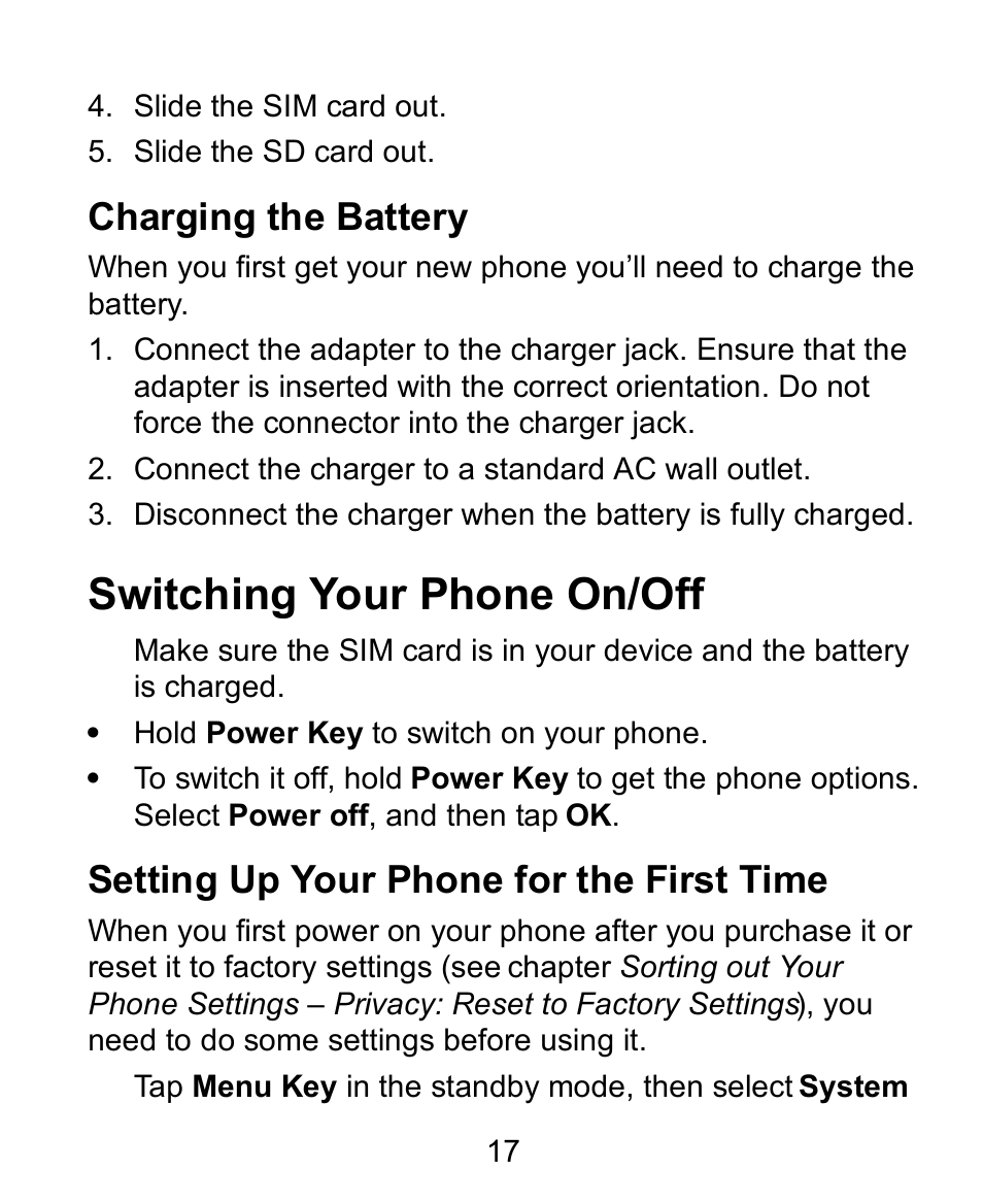 Charging the battery, Switching your phone on/off, Setting up your phone for the first time | Verykool s758 User Manual | Page 17 / 57