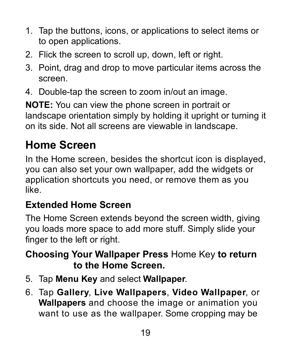 Home screen, Extended home screen | Verykool s758 User Manual | Page 19 / 57