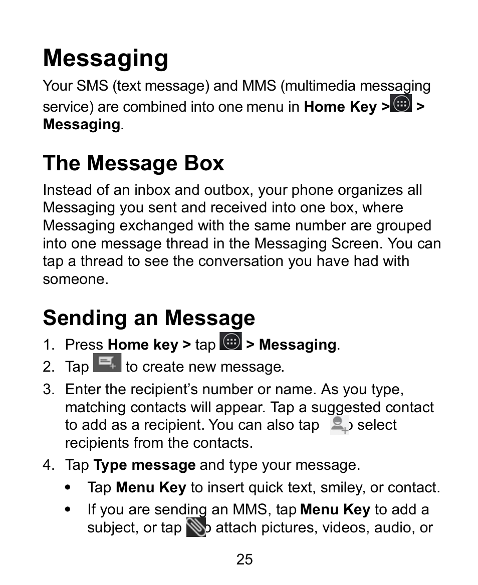 Messaging, The message box, Sending an message | Verykool s758 User Manual | Page 25 / 57