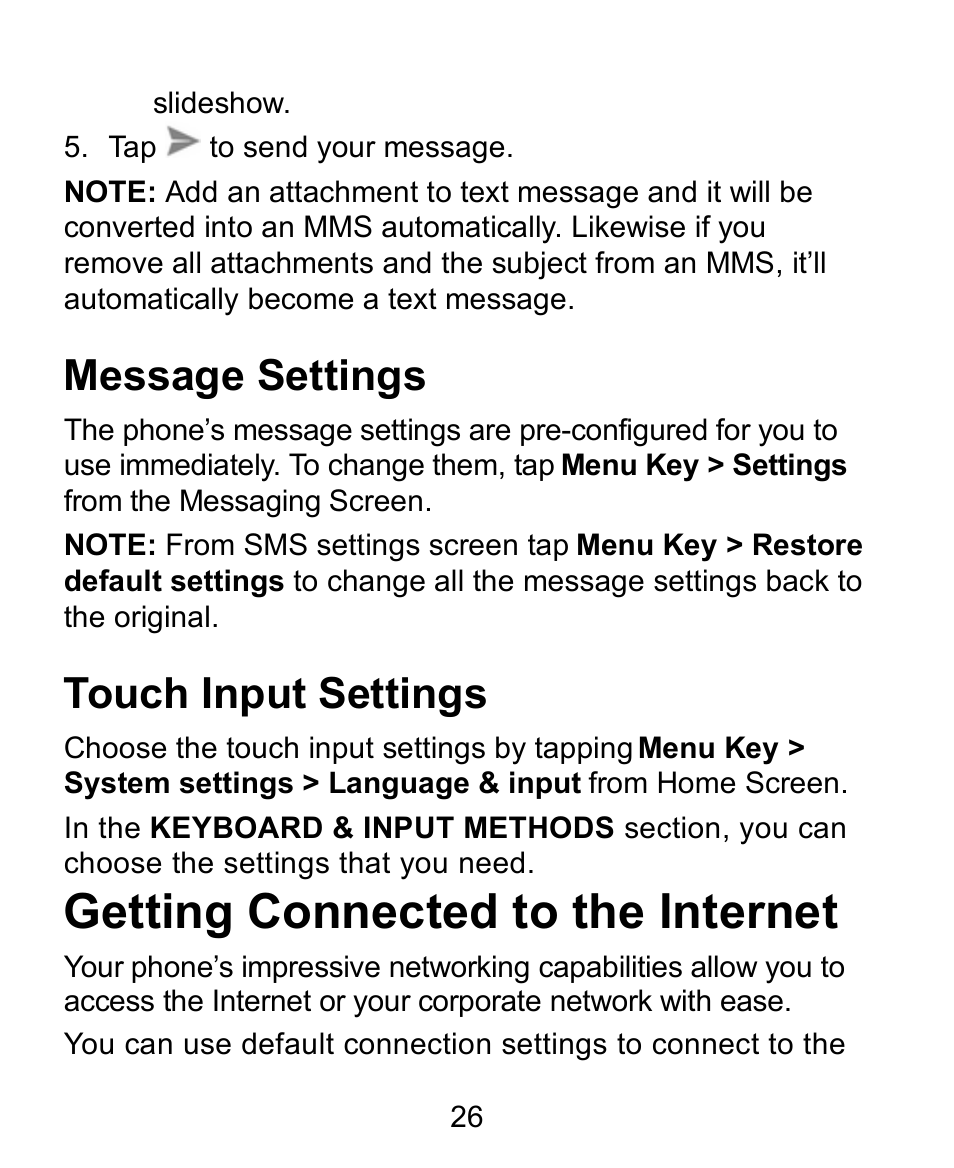 Message settings, Touch input settings, Getting connected to the internet | Verykool s758 User Manual | Page 26 / 57