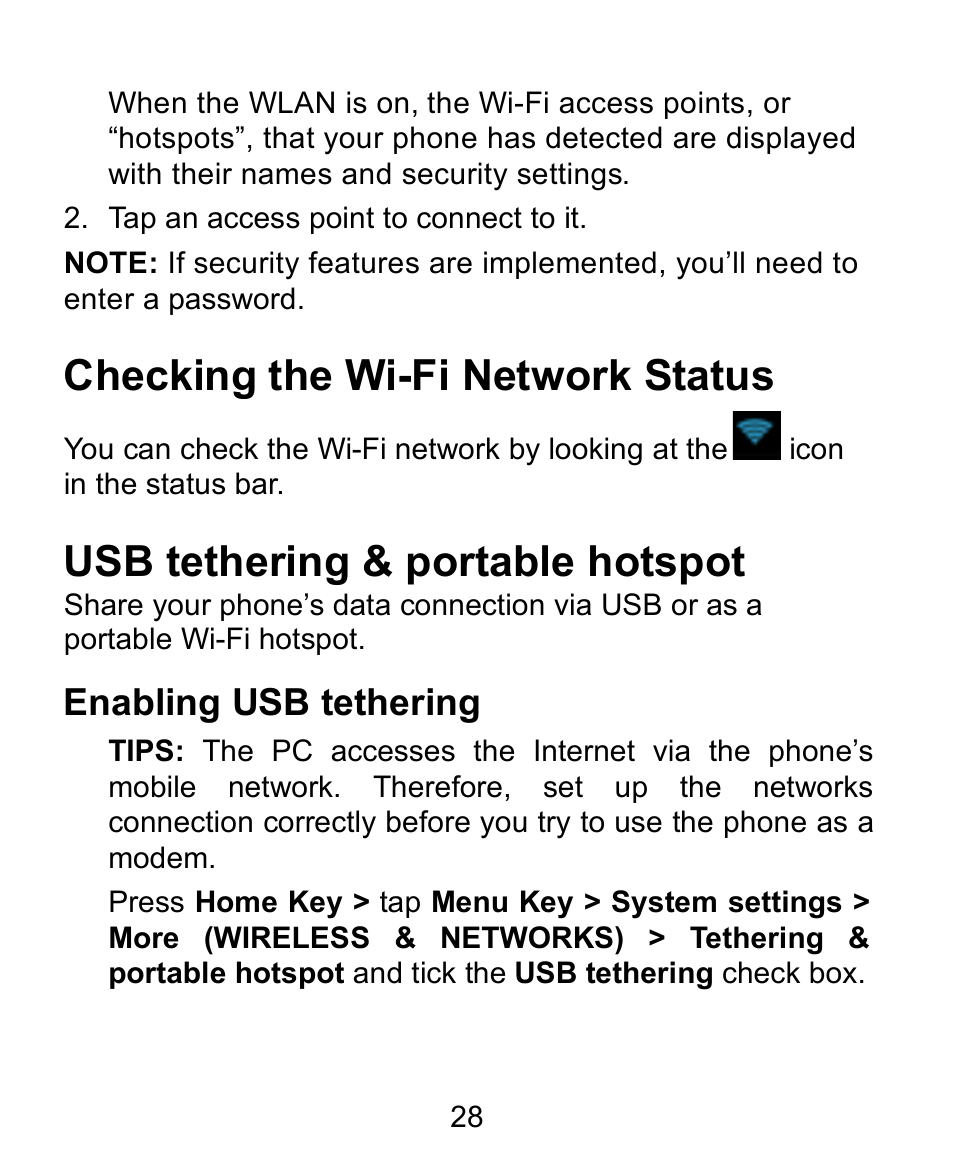 Checking the wi-fi network status, Usb tethering & portable hotspot, Enabling usb tethering | Verykool s758 User Manual | Page 28 / 57