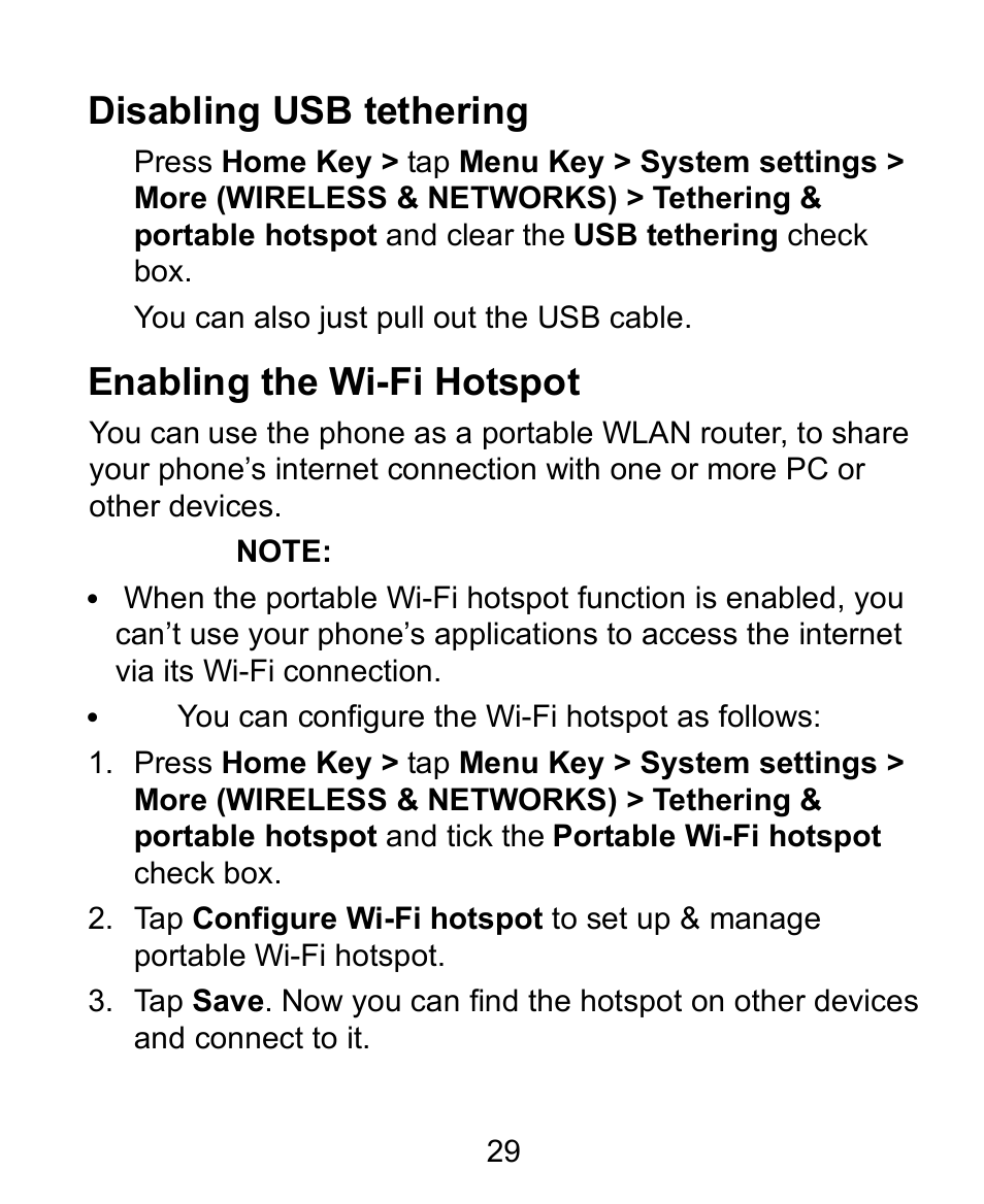Disabling usb tethering, Enabling the wi-fi hotspot | Verykool s758 User Manual | Page 29 / 57