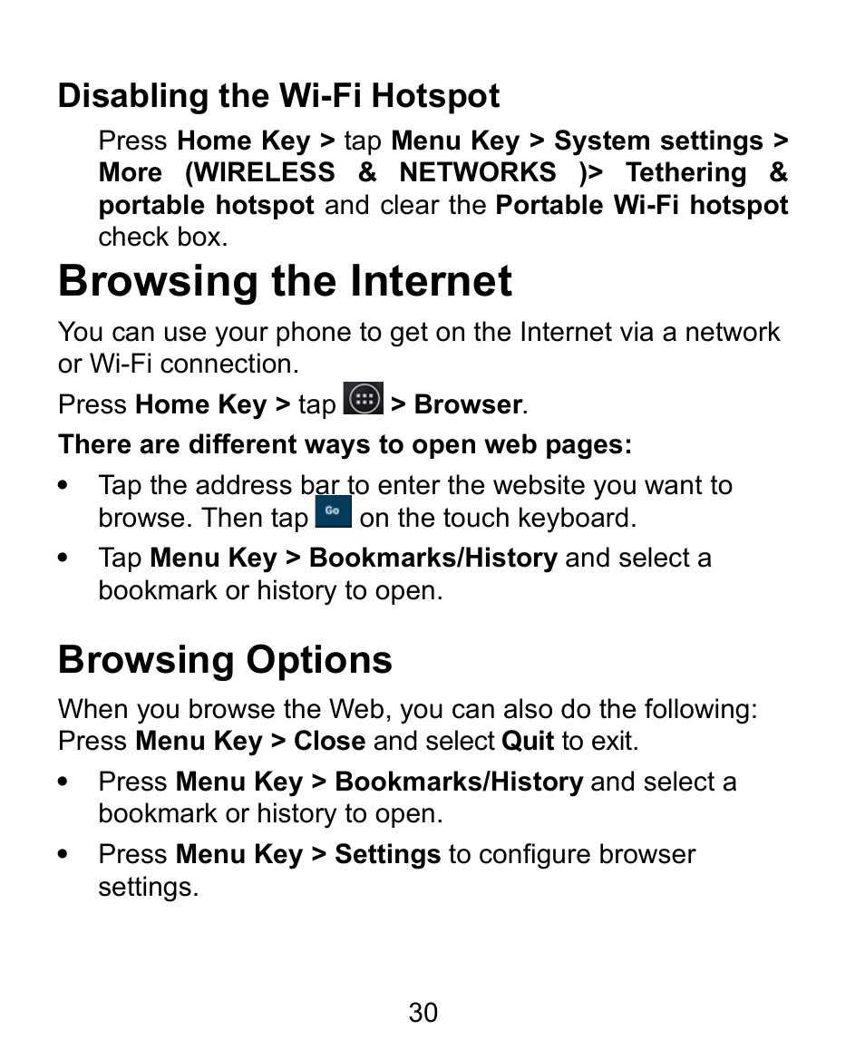 Disabling the wi-fi hotspot, Browsing the internet, Browsing options | Verykool s758 User Manual | Page 30 / 57