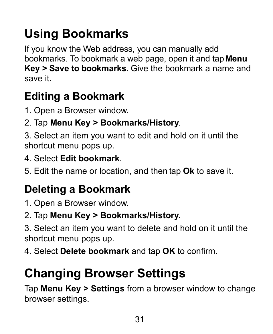 Using bookmarks, Editing a bookmark, Deleting a bookmark | Changing browser settings | Verykool s758 User Manual | Page 31 / 57