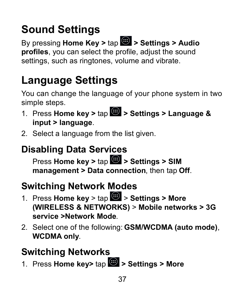 Sound settings, Language settings, Disabling data services | Switching network modes, Switching networks | Verykool s758 User Manual | Page 37 / 57