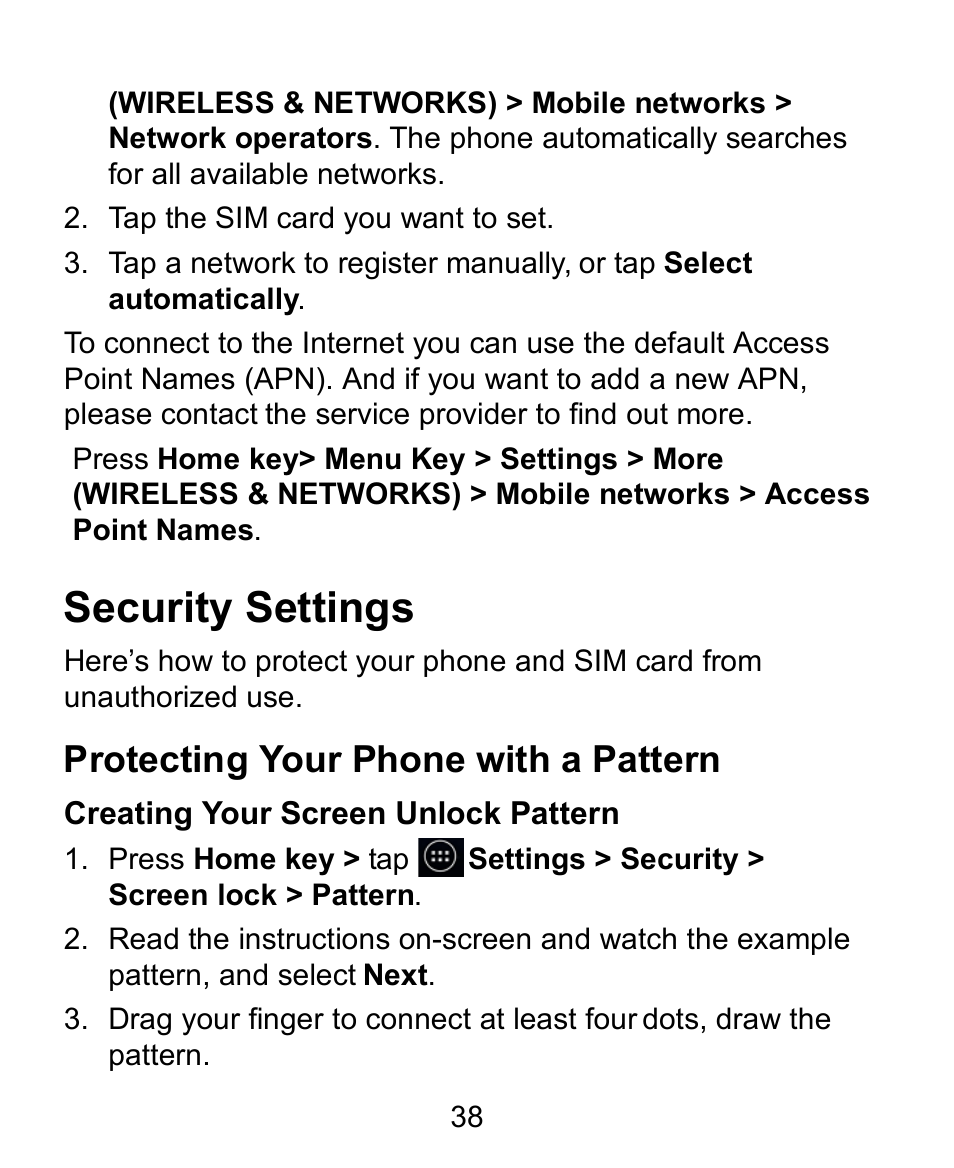 Security settings, Protecting your phone with a pattern, Creating your screen unlock pattern | Verykool s758 User Manual | Page 38 / 57