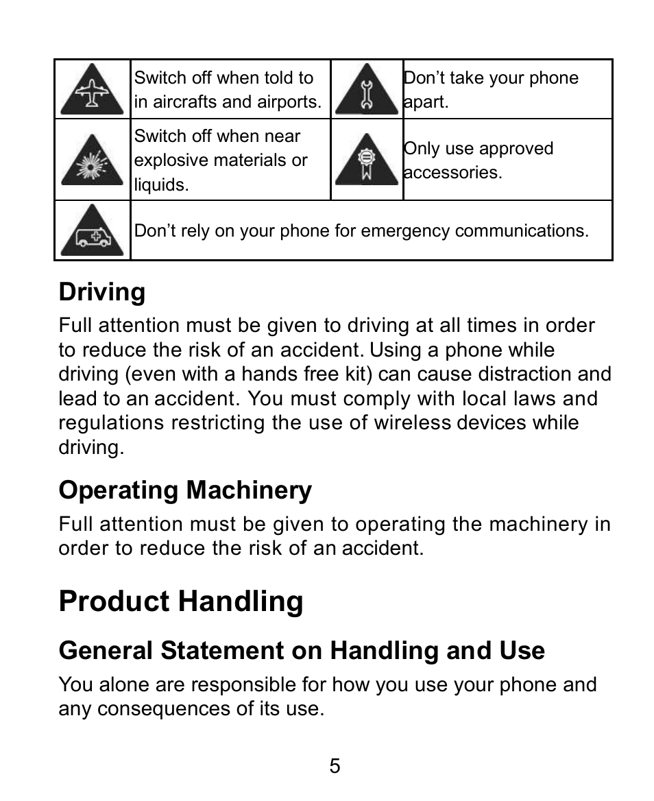 Driving, Operating machinery, Product handling | General statement on handling and use | Verykool s758 User Manual | Page 5 / 57