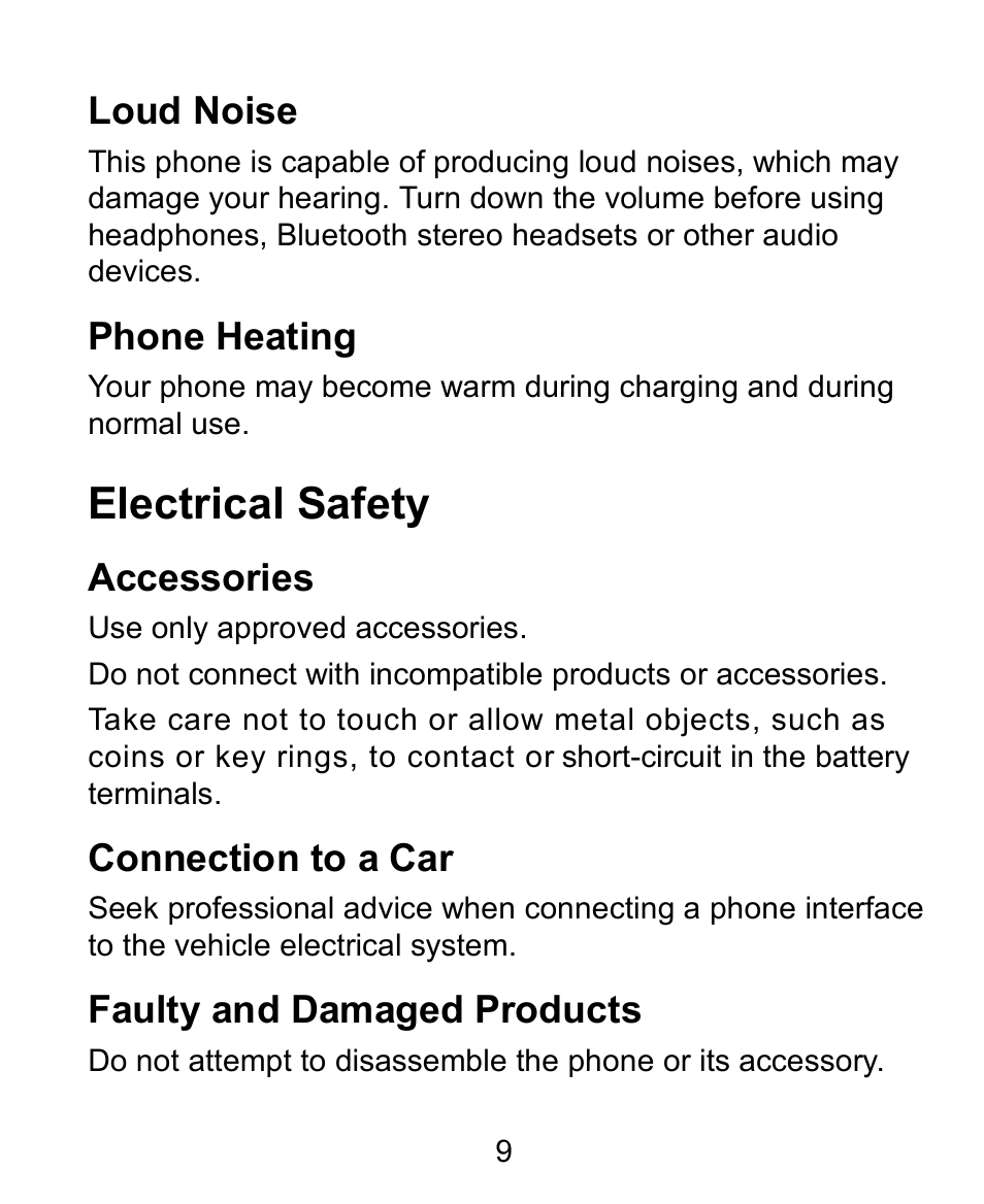 Loud noise, Phone heating, Electrical safety | Accessories, Connection to a car, Faulty and damaged products | Verykool s758 User Manual | Page 9 / 57