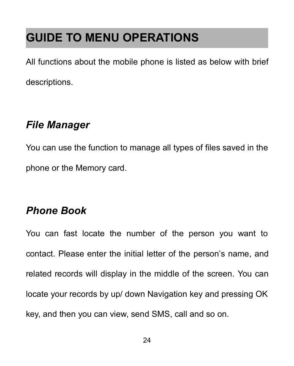 Guide to menu operations, File manager, Phone book | Verykool i604 User Manual | Page 31 / 69