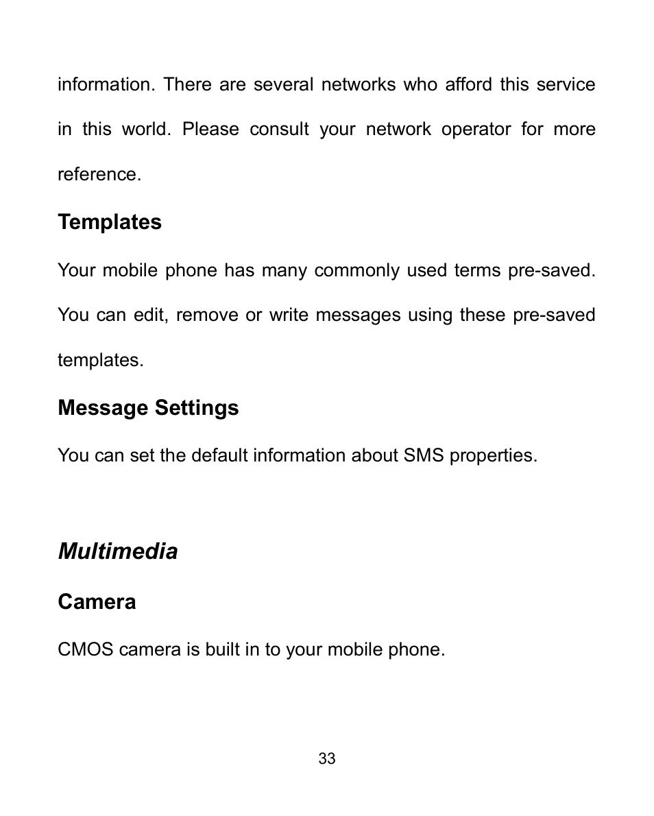 Templates, Message settings, Multimedia | Camera | Verykool i604 User Manual | Page 40 / 69