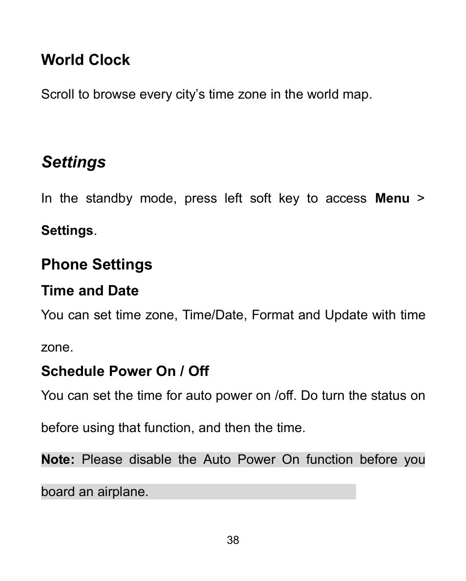 World clock, Settings, Phone settings | Time and date, Schedule power on / off | Verykool i604 User Manual | Page 45 / 69