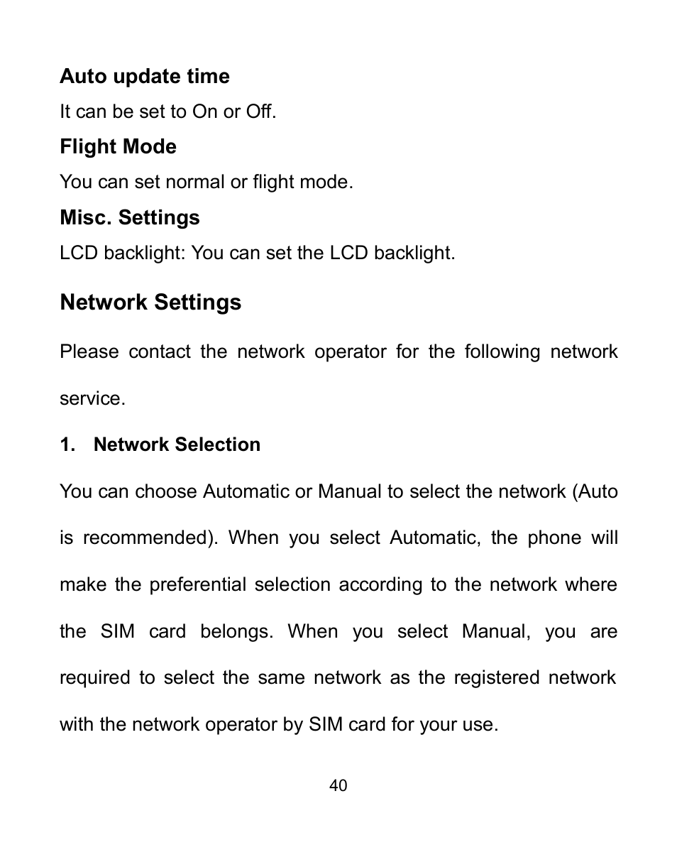 Auto update time, Flight mode, Misc. settings | Network settings | Verykool i604 User Manual | Page 47 / 69