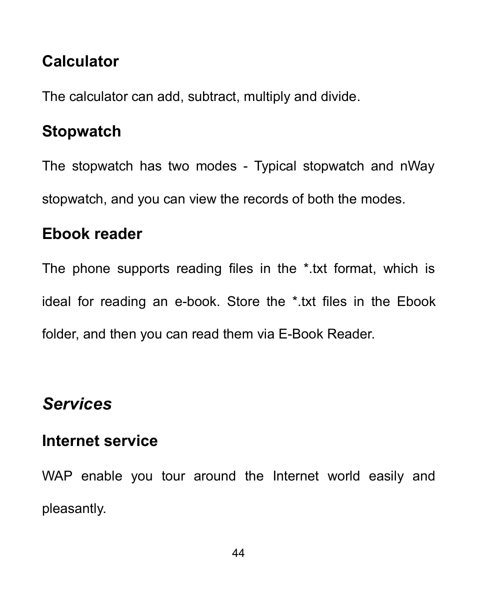 Calculator, Stopwatch, Ebook reader | Services, Internet service | Verykool i604 User Manual | Page 51 / 69