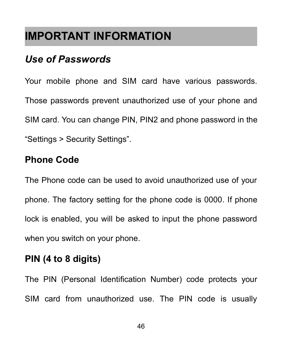 Important information, Use of passwords, Phone code | Pin (4 to 8 digits) | Verykool i604 User Manual | Page 53 / 69