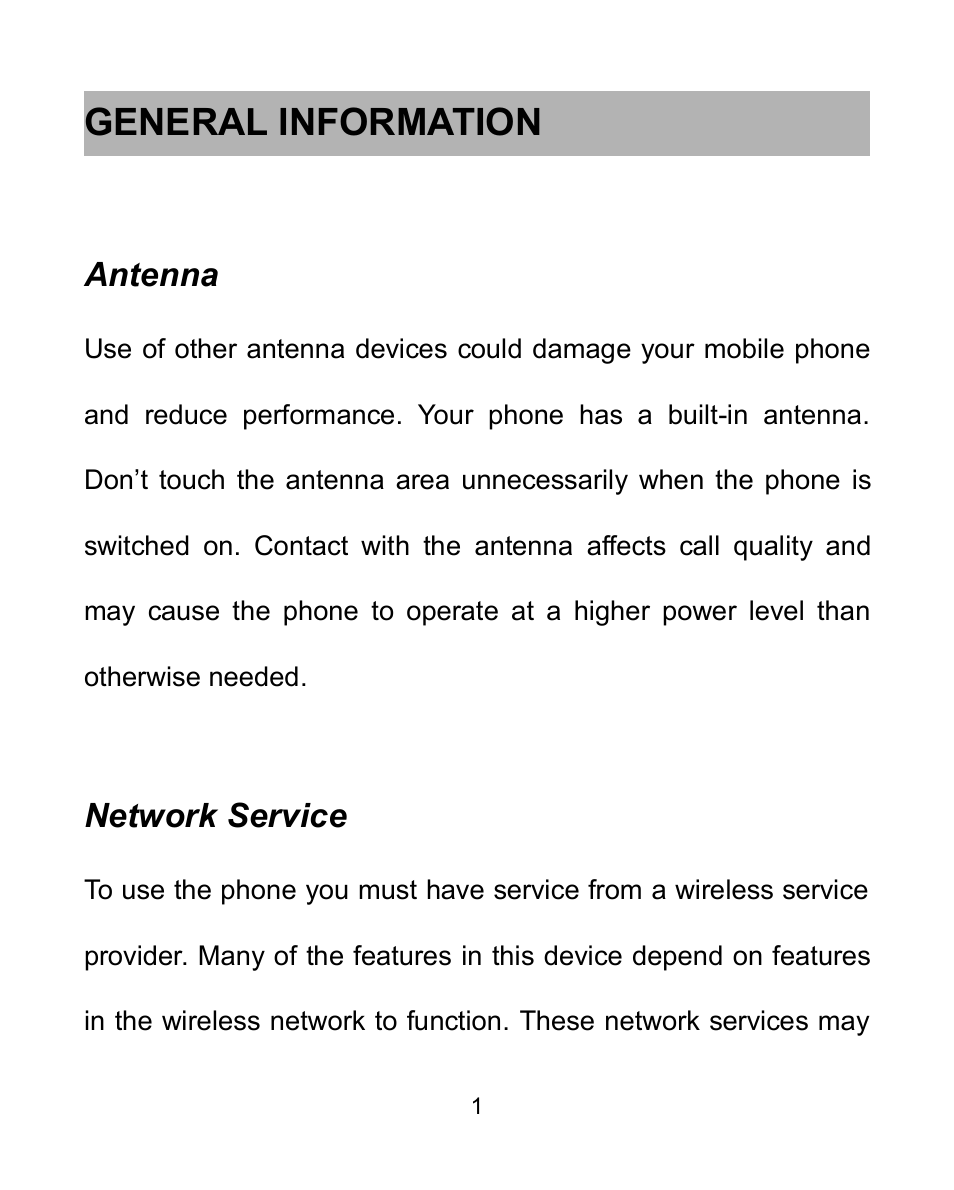 General information, Antenna, Network service | Verykool i604 User Manual | Page 8 / 69