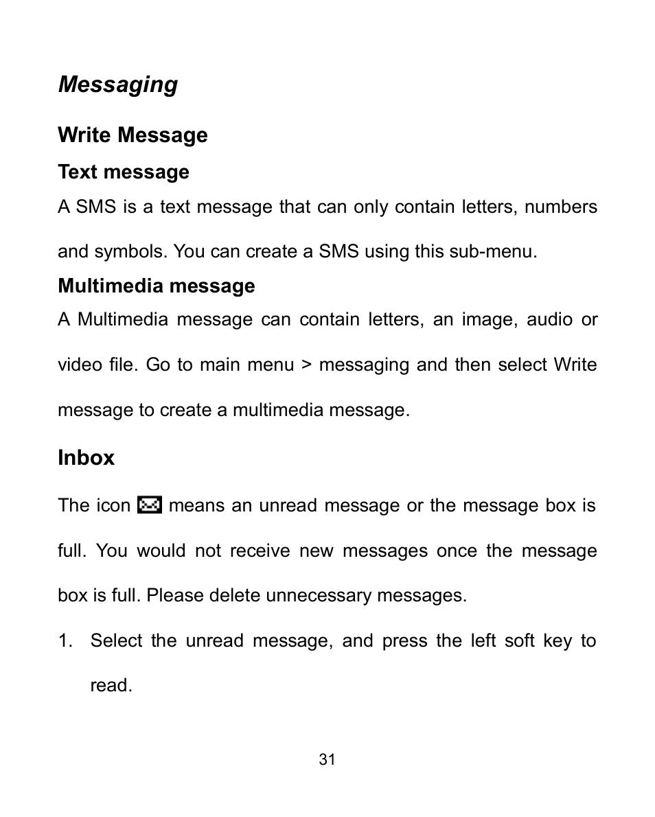 Messaging, Write message, Text message | Multimedia message, Inbox | Verykool i605 User Manual | Page 38 / 73