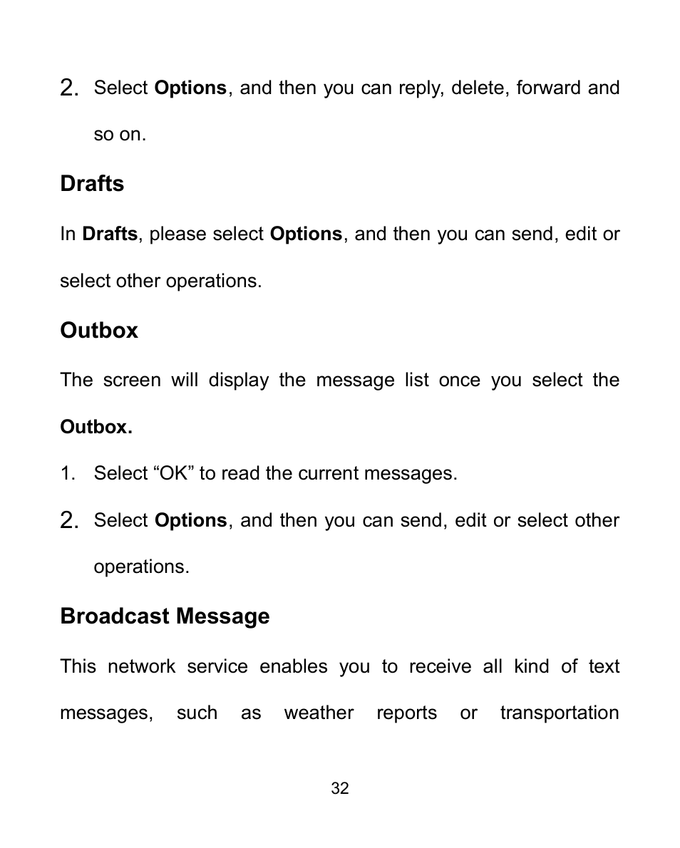 Drafts, Outbox, Broadcast message | Verykool i605 User Manual | Page 39 / 73