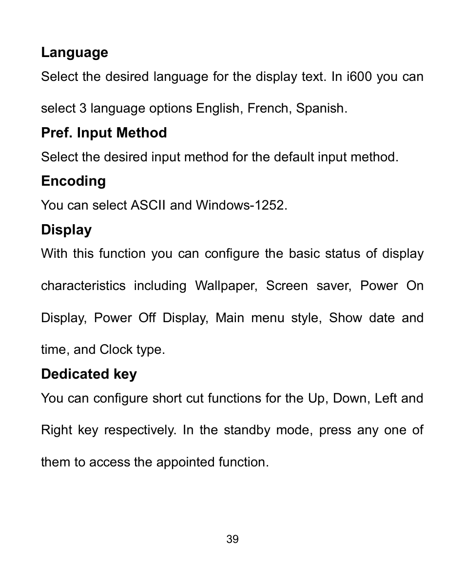 Language, Pref. input method, Encoding | Display, Dedicated key | Verykool i605 User Manual | Page 46 / 73