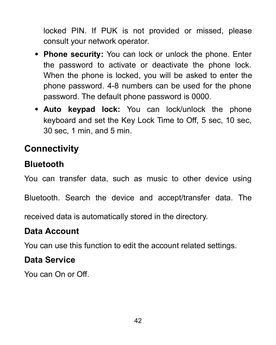 Connectivity, Bluetooth, Data account | Data service | Verykool i605 User Manual | Page 49 / 73