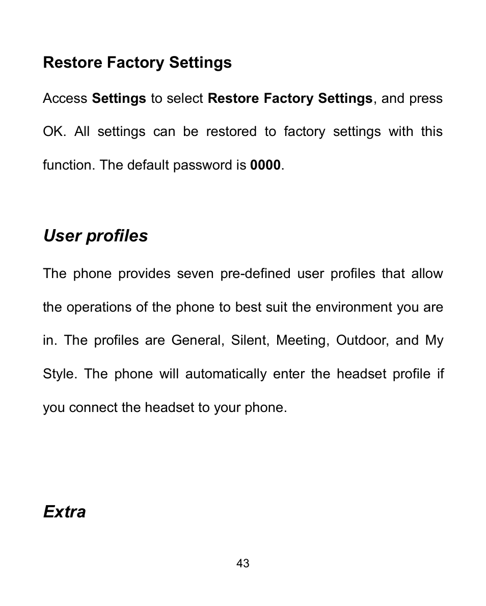 Restore factory settings, User profiles, Extra | Verykool i605 User Manual | Page 50 / 73