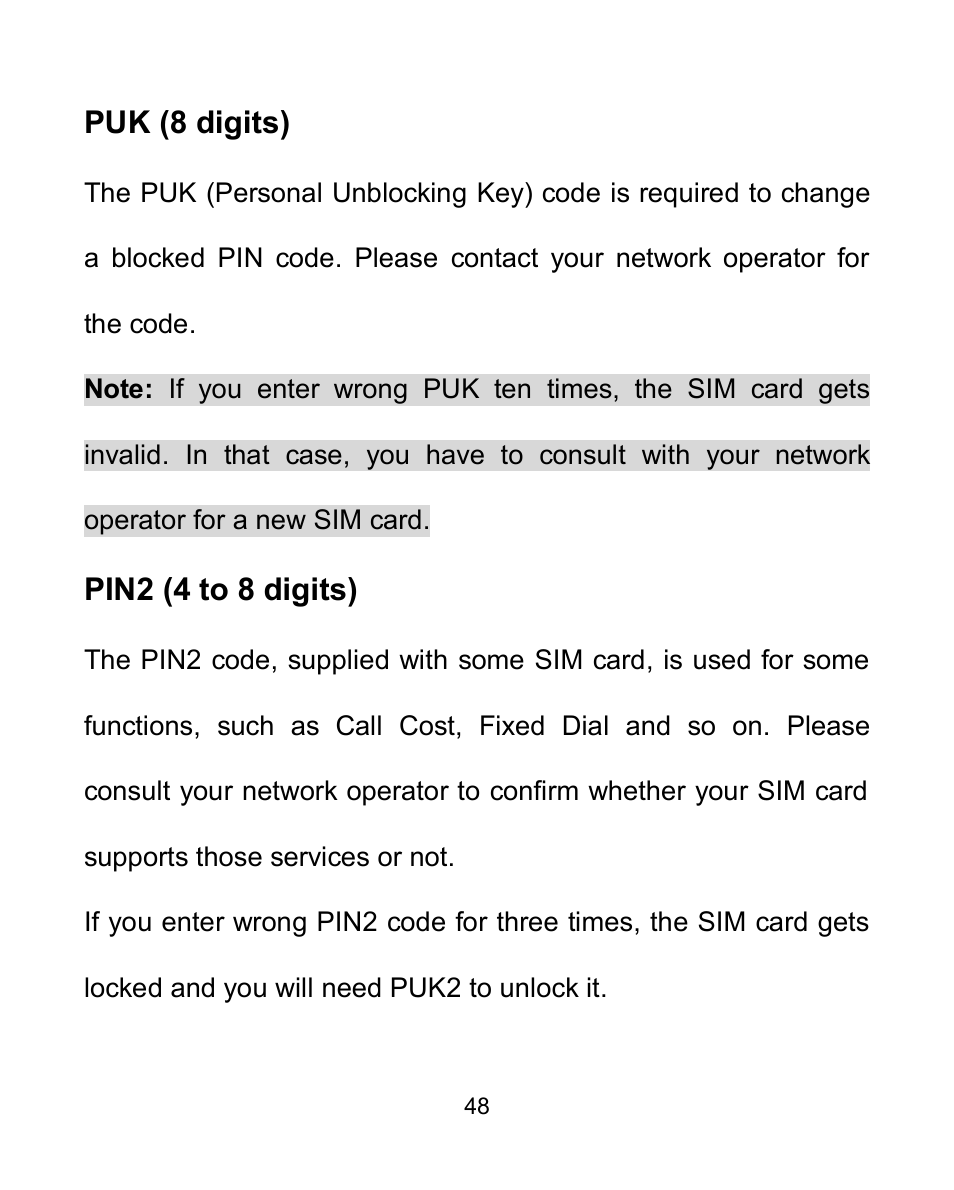 Puk (8 digits), Pin2 (4 to 8 digits) | Verykool i605 User Manual | Page 55 / 73