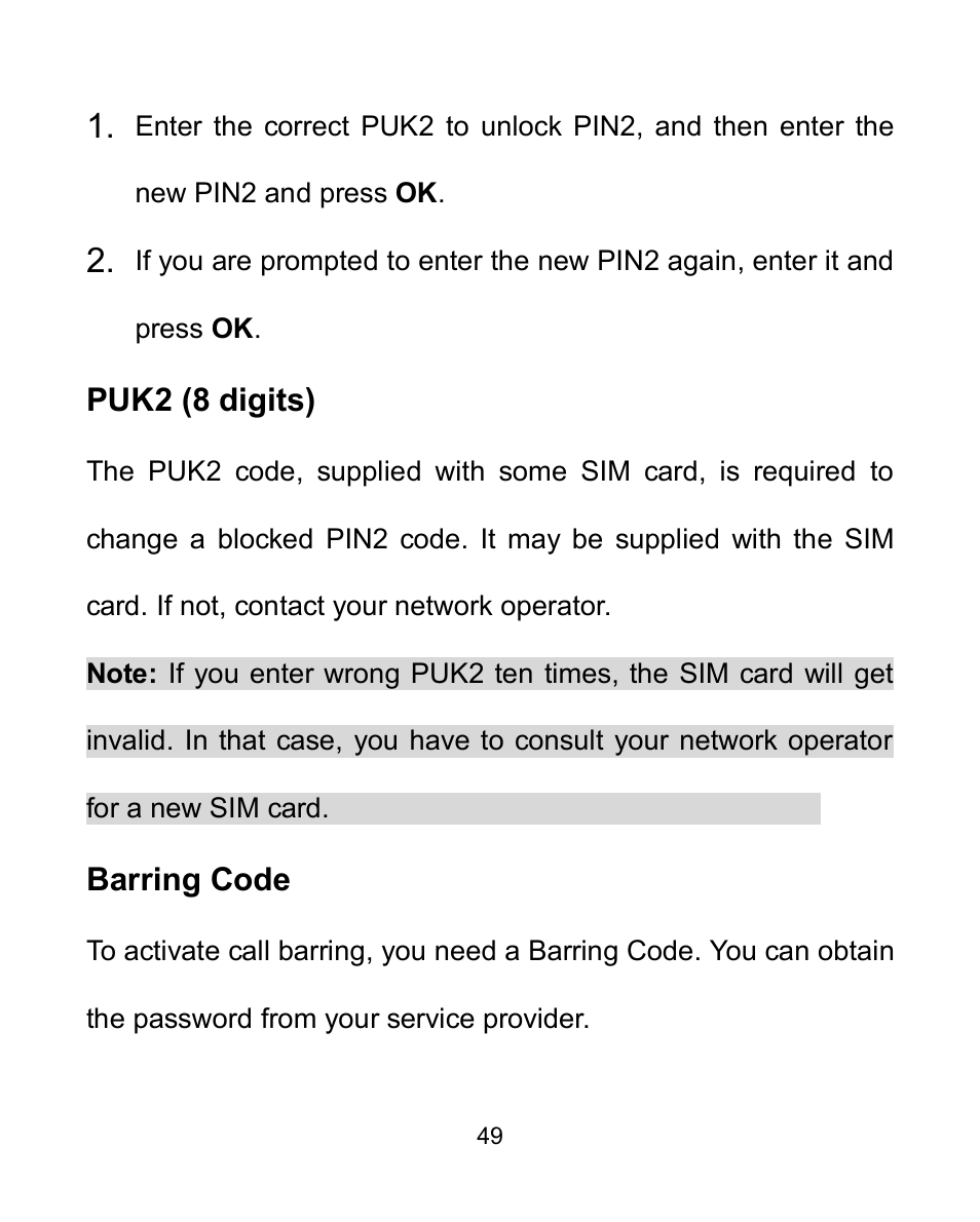 Puk2 (8 digits), Barring code | Verykool i605 User Manual | Page 56 / 73