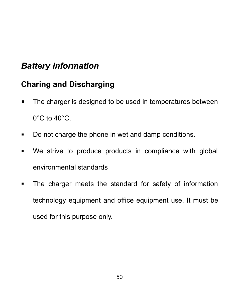 Battery information, Charing and discharging | Verykool i605 User Manual | Page 57 / 73