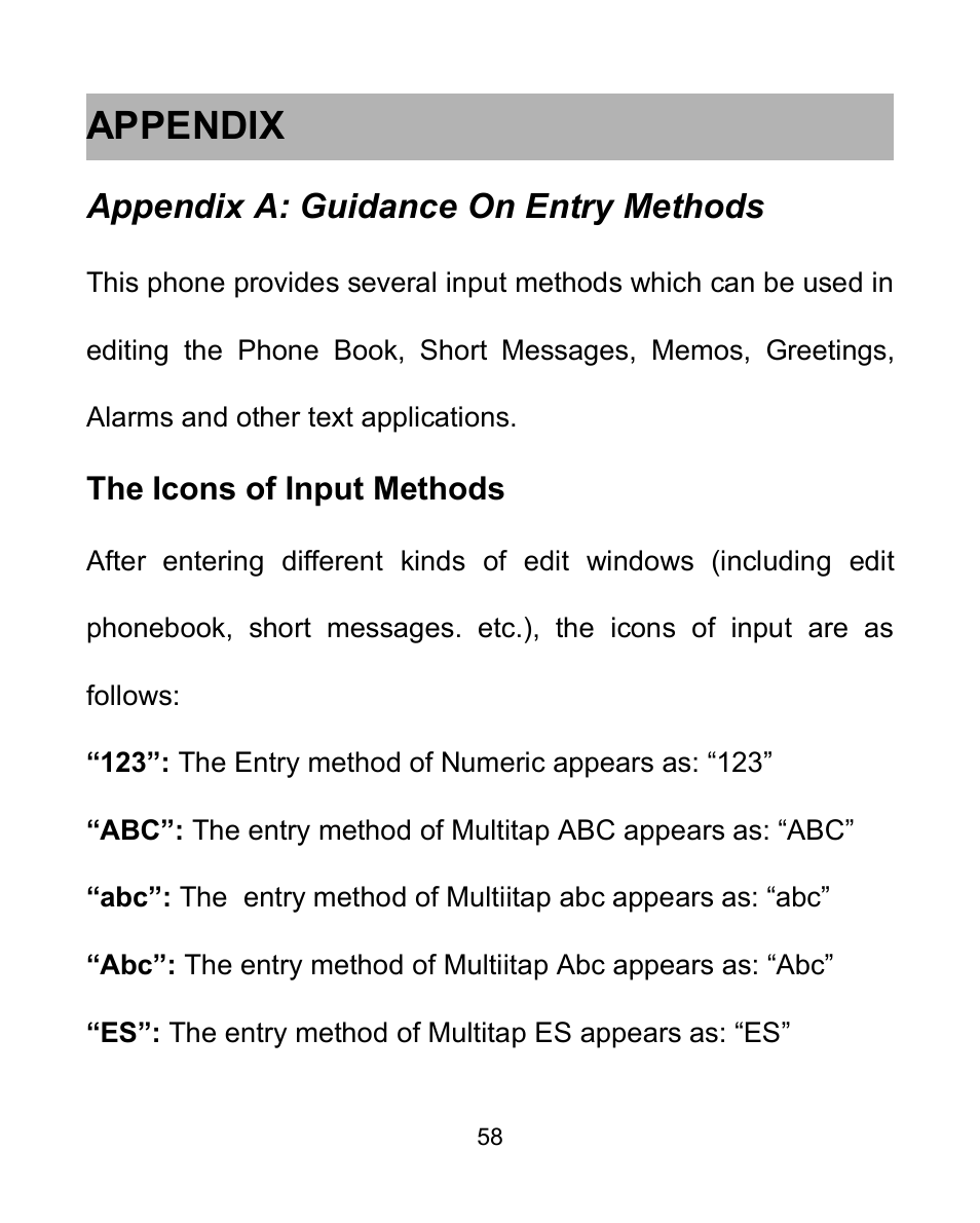 Appendix, Appendix a: guidance on entry methods, The icons of input methods | Verykool i605 User Manual | Page 65 / 73