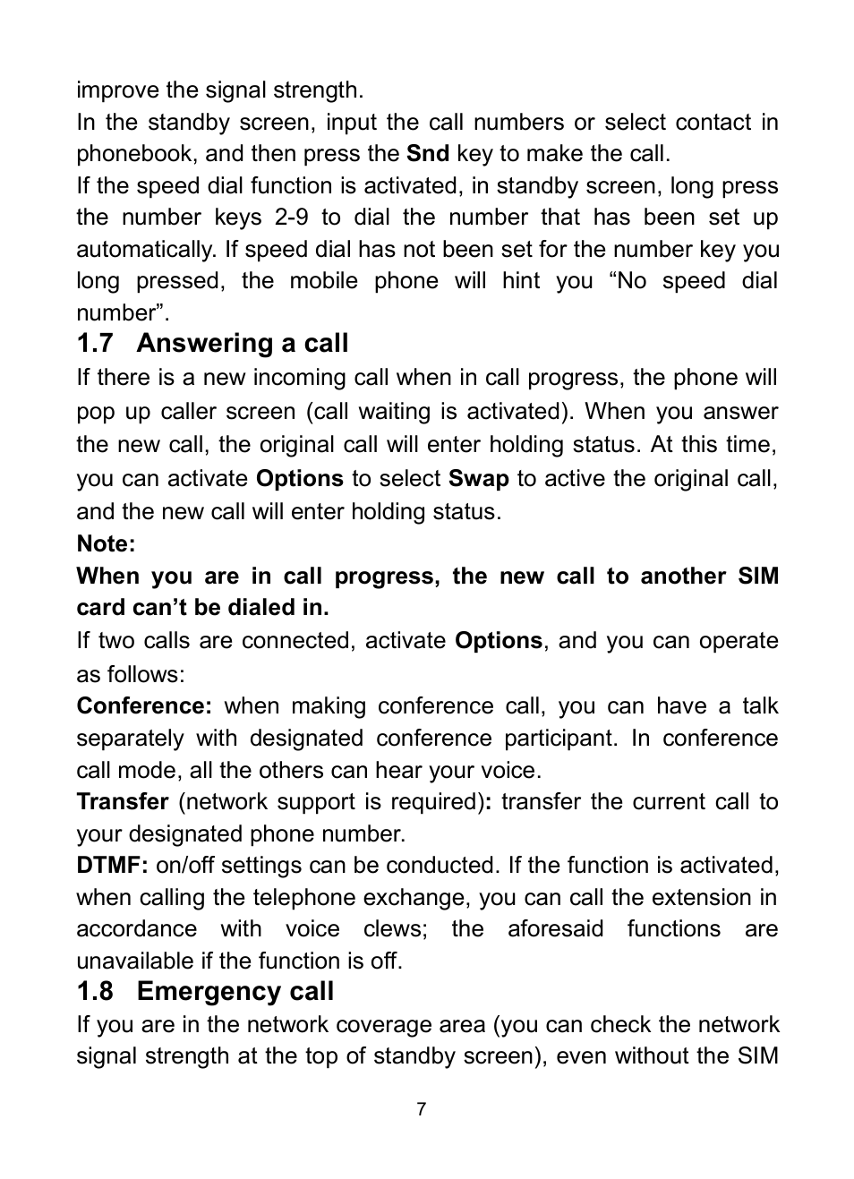 7 answering a call, 8 emergency call, Nswering | Call, Mergency | Verykool R623 User Manual | Page 11 / 24