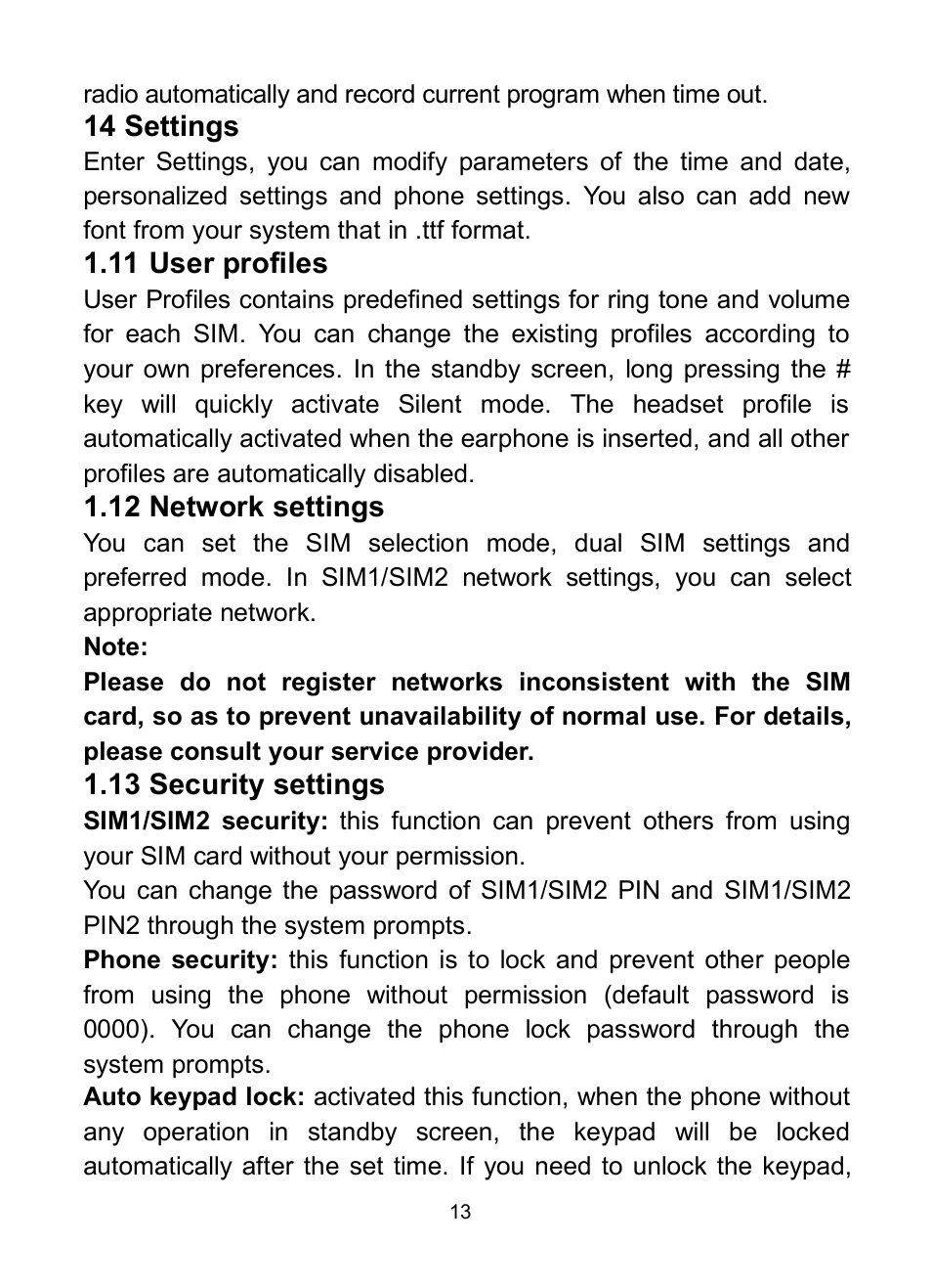 11 user profiles, 12 network settings, 13 security settings | 11 u, Profiles, 12 n, Etwork, Settings, 13 s, Ecurity | Verykool R623 User Manual | Page 17 / 24