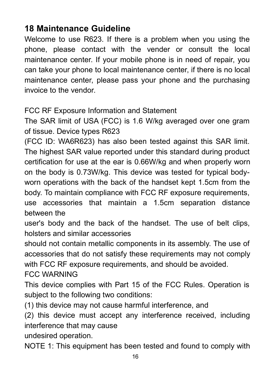 18 maintenance guideline | Verykool R623 User Manual | Page 20 / 24