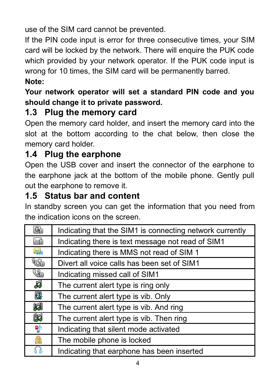 3 plug the memory card, 4 plug the earphone, 5 status bar and content | Memory, Card, Earphone, Tatus, Content | Verykool R623 User Manual | Page 8 / 24
