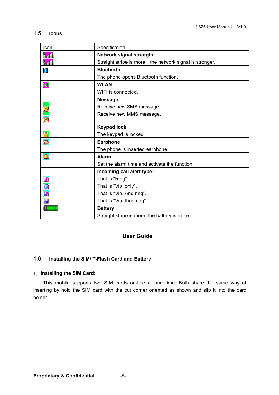 5 icons, User guide, 6 installing the sim/ t-flash card and battery | Cons, Nstalling, Sim/ t-f, Lash, Attery | Verykool i625 User Manual | Page 11 / 35