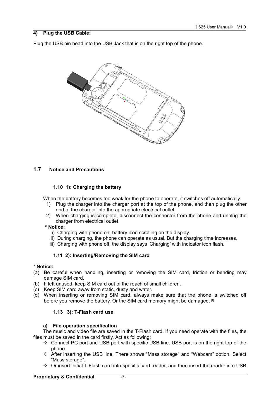 7 notice and precautions, 10 1): charging the battery, 11 2): inserting/removing the sim card | 13 3): t-flash card use, Otice, Recautions | Verykool i625 User Manual | Page 13 / 35